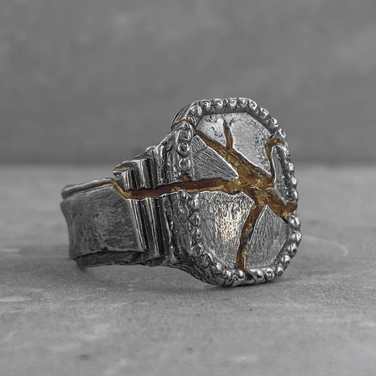 CENTURION ring (Gold plated) -a wide brutal ring with an roman motifs and 24к gold plated on cracks Unusual rings project50g