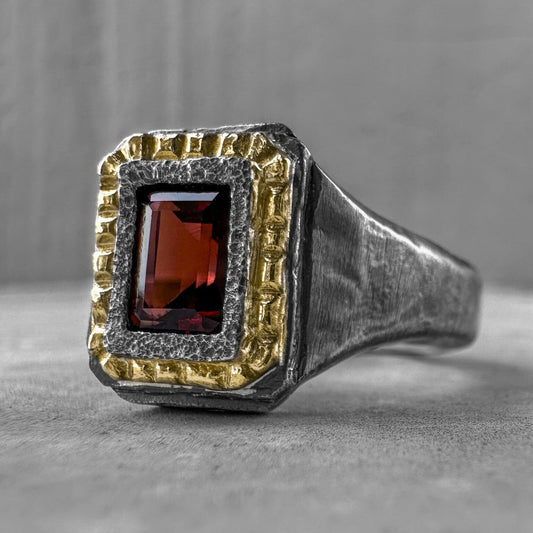 Heart of Nar ring- textured square ring with 24k gold plated, artisan pattern and natural red garnet Black diamonds rings Project50g