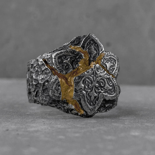 Mosaic ring (Gold plated) -a wide brutal ring with with oriental pattern and 24к gold plated on cracks Unusual rings project50g