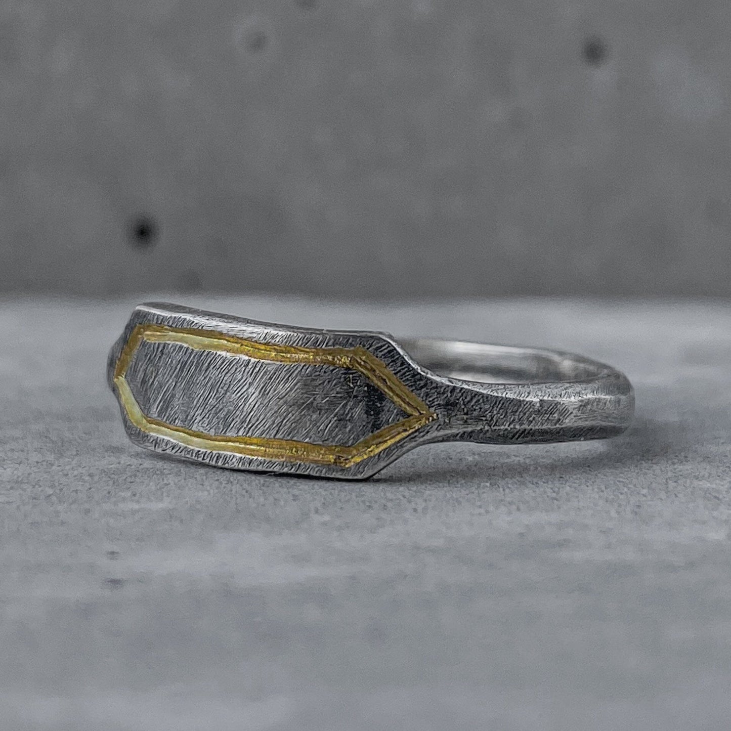 Baget Ring- elegant light silver ring with a soft scratched texture and 24k and gilded frame Lightweight rings Project50g 