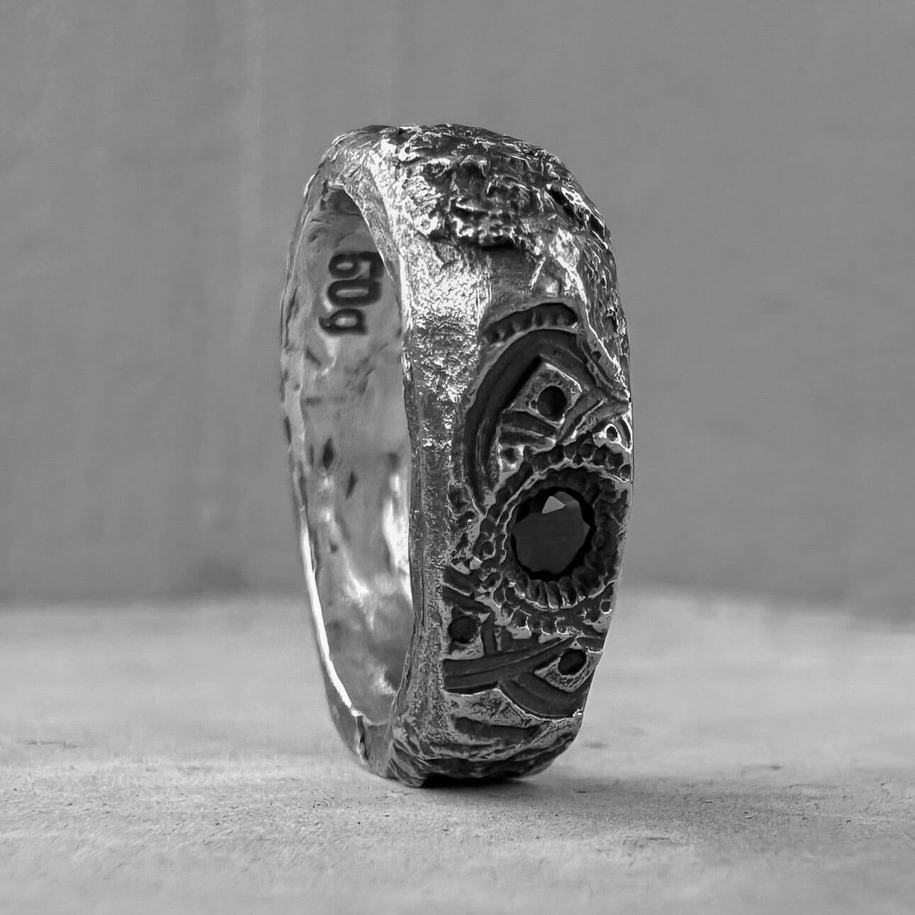 BLACK MANDALA - silver ring with rich stone texture, engraved mandala and black diamond in the center. Textured band ring Rings with patterns Project50g 