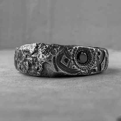 BLACK MANDALA - silver ring with rich stone texture, engraved mandala and black diamond in the center. Textured band ring Rings with patterns Project50g 