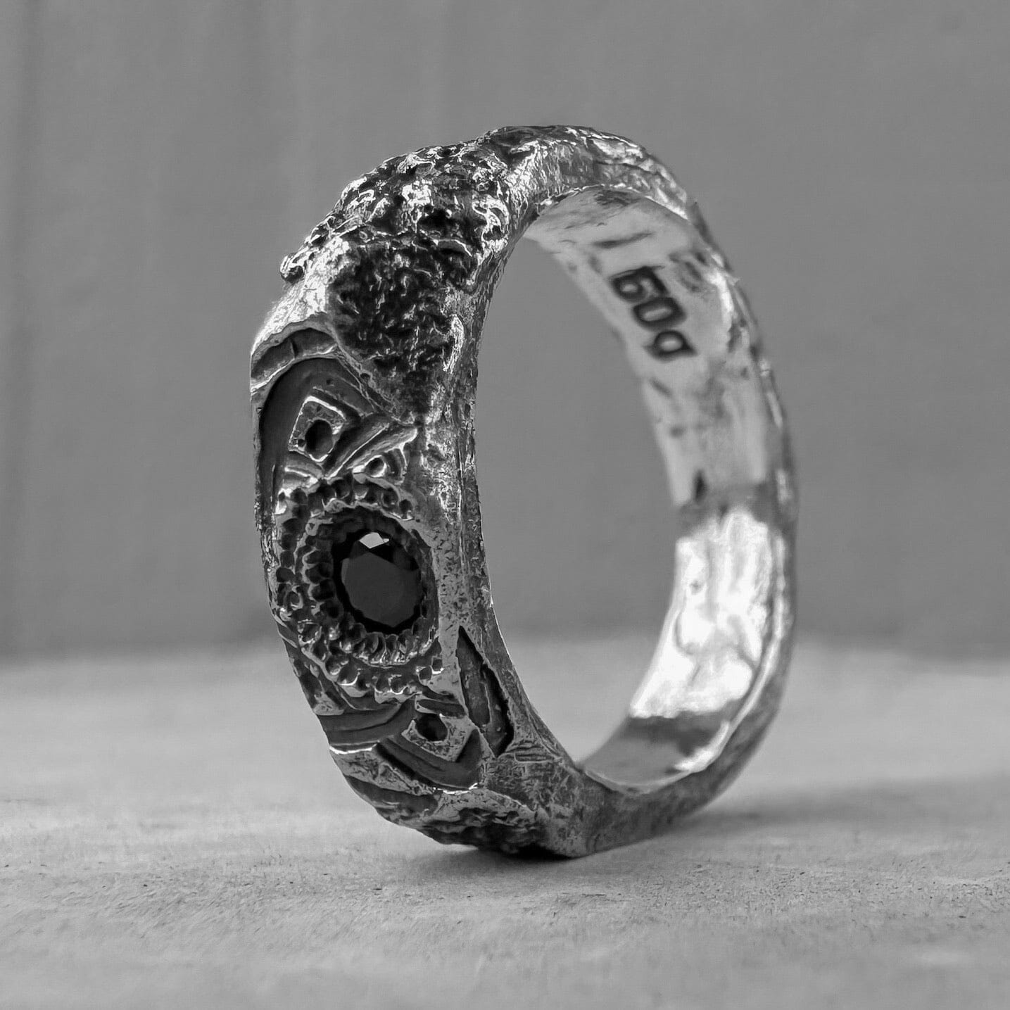 BLACK MANDALA - silver ring with rich stone texture, engraved mandala and black diamond in the center. Textured band ring Rings with patterns Project50g 