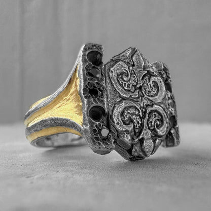 Golden Knight of the East Silver Ring with Volcanic Oxidation and 24K Gold Gilding Unusual rings project50g 