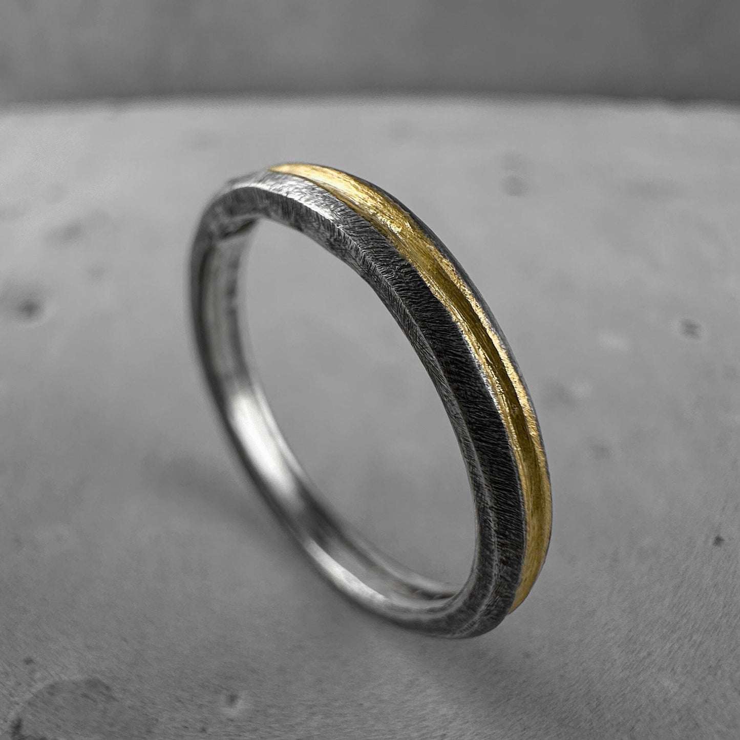 Golden line Ring- elegant light silver ring with a soft scratched texture and 24k gold plated strip Lightweight rings Project50g 