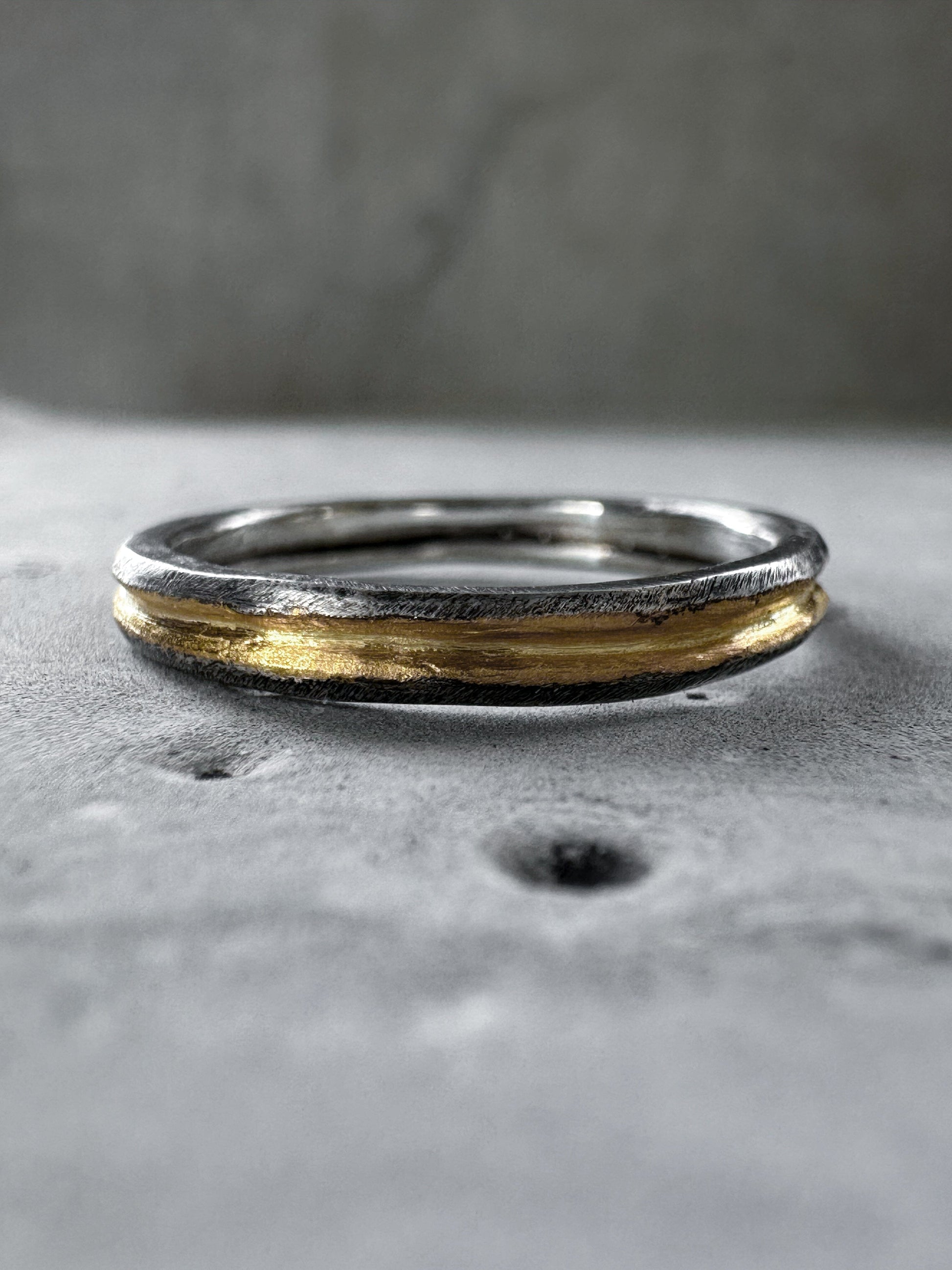 Golden line Ring- elegant light silver ring with a soft scratched texture and 24k gold plated strip Lightweight rings Project50g 