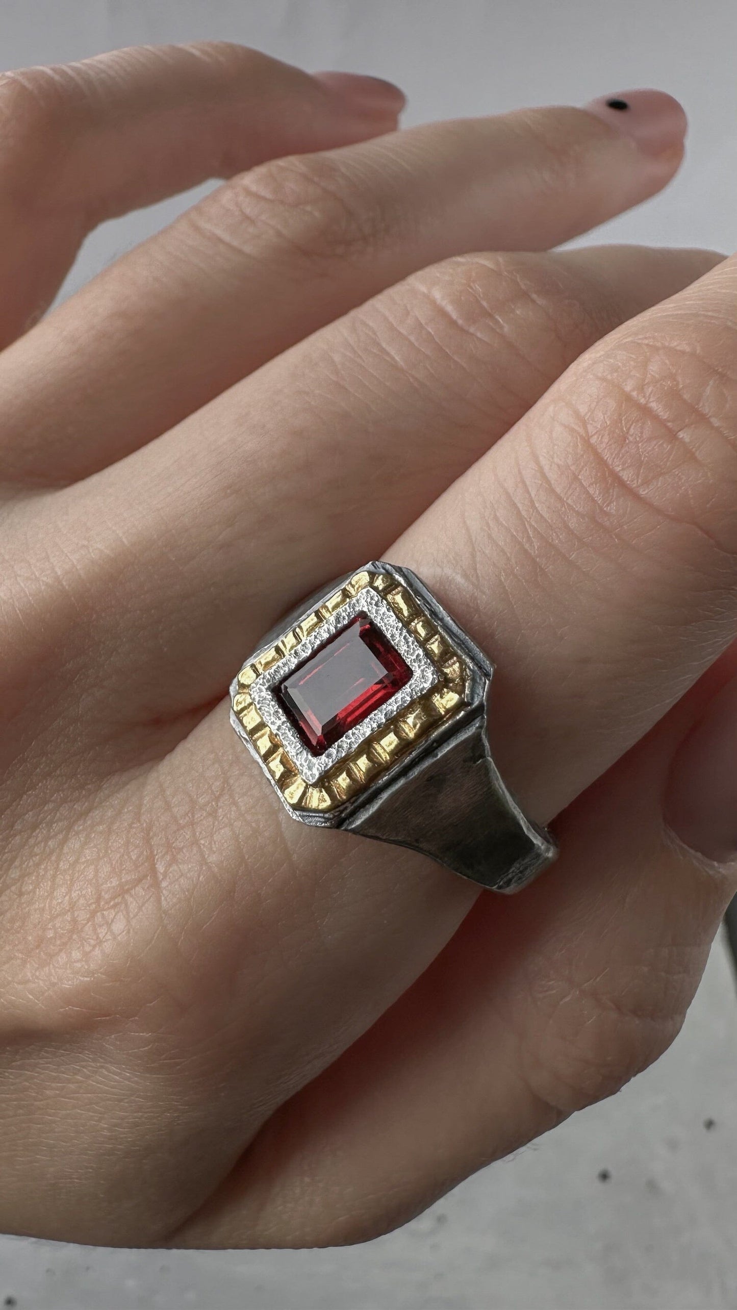 Heart of Nar ring- textured square ring with 24k gold plated, artisan pattern and natural red garnet Black diamonds rings Project50g 