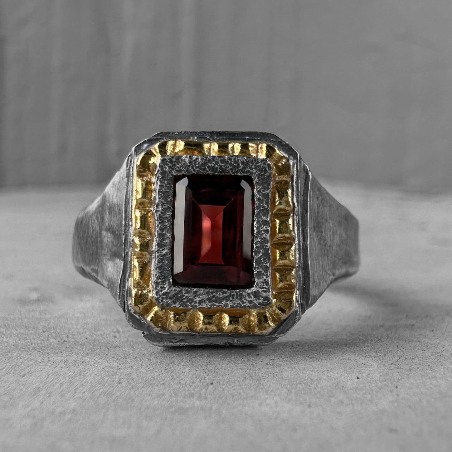 Heart of Nar ring- textured square ring with 24k gold plated, artisan pattern and natural red garnet Black diamonds rings Project50g 