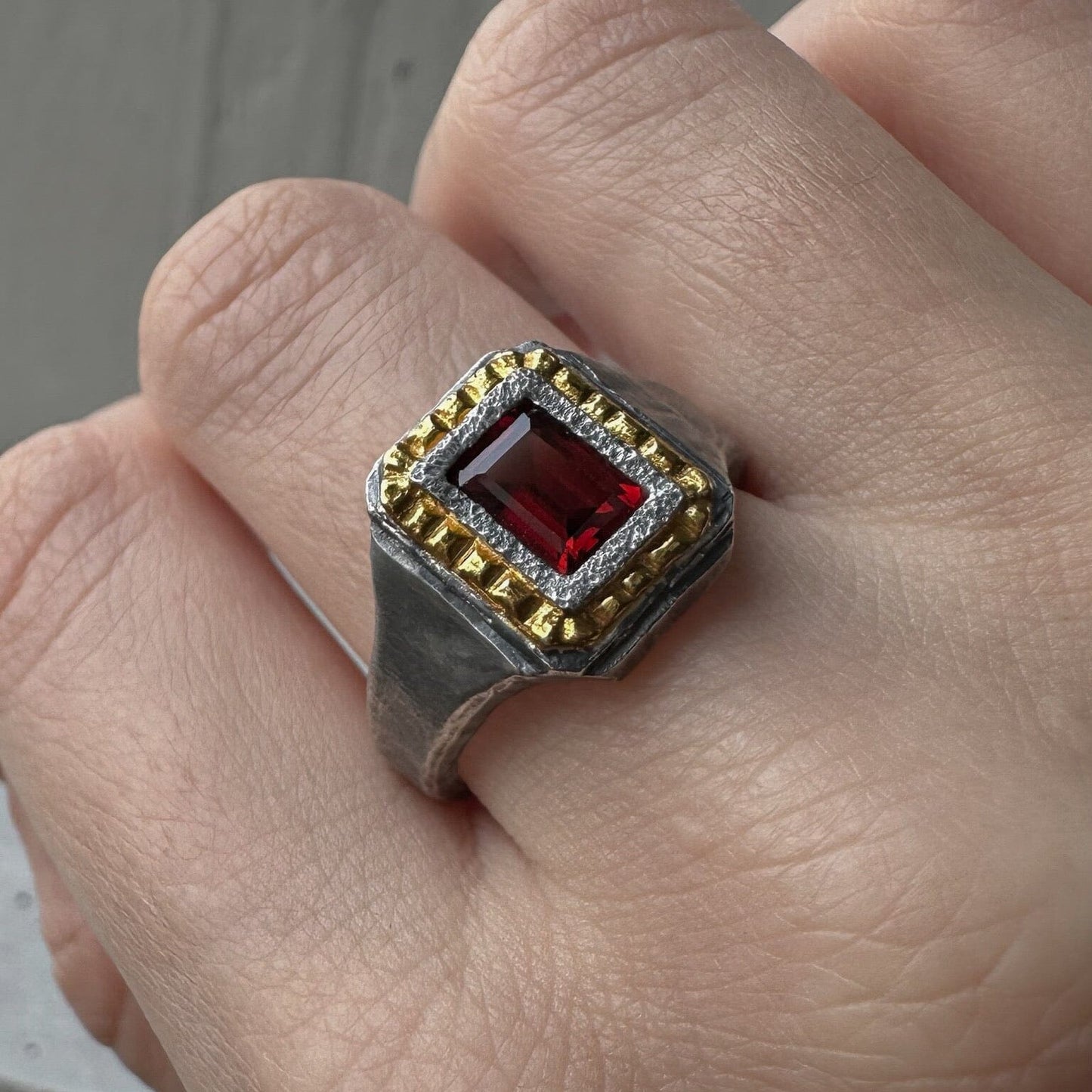 Heart of Nar ring- textured square ring with 24k gold plated, artisan pattern and natural red garnet Black diamonds rings Project50g 