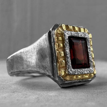 Heart of Nar ring- textured square ring with 24k gold plated, artisan pattern and natural red garnet Black diamonds rings Project50g 