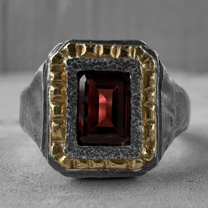 Heart of Nar ring- textured square ring with 24k gold plated, artisan pattern and natural red garnet Black diamonds rings Project50g 