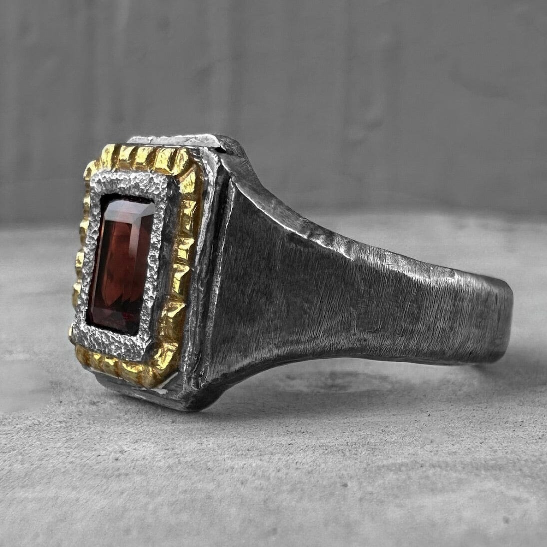 Heart of Nar ring- textured square ring with 24k gold plated, artisan pattern and natural red garnet Black diamonds rings Project50g 