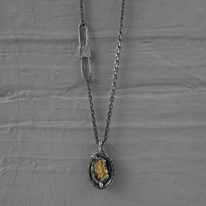 Heritage pendant - unusual pendant with chain made of sterling silver with a texture of melted metal, gilded patterns and antique motifs. Charms & Pendants project50g 