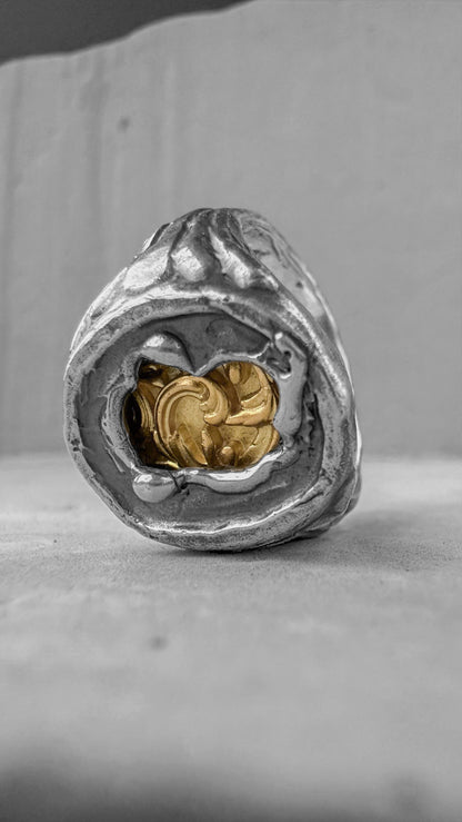 Heritage Ring - unusual signet ring made of sterling silver with a texture of melted metal, gilded patterns and antique motifs. Unusual rings project50g 