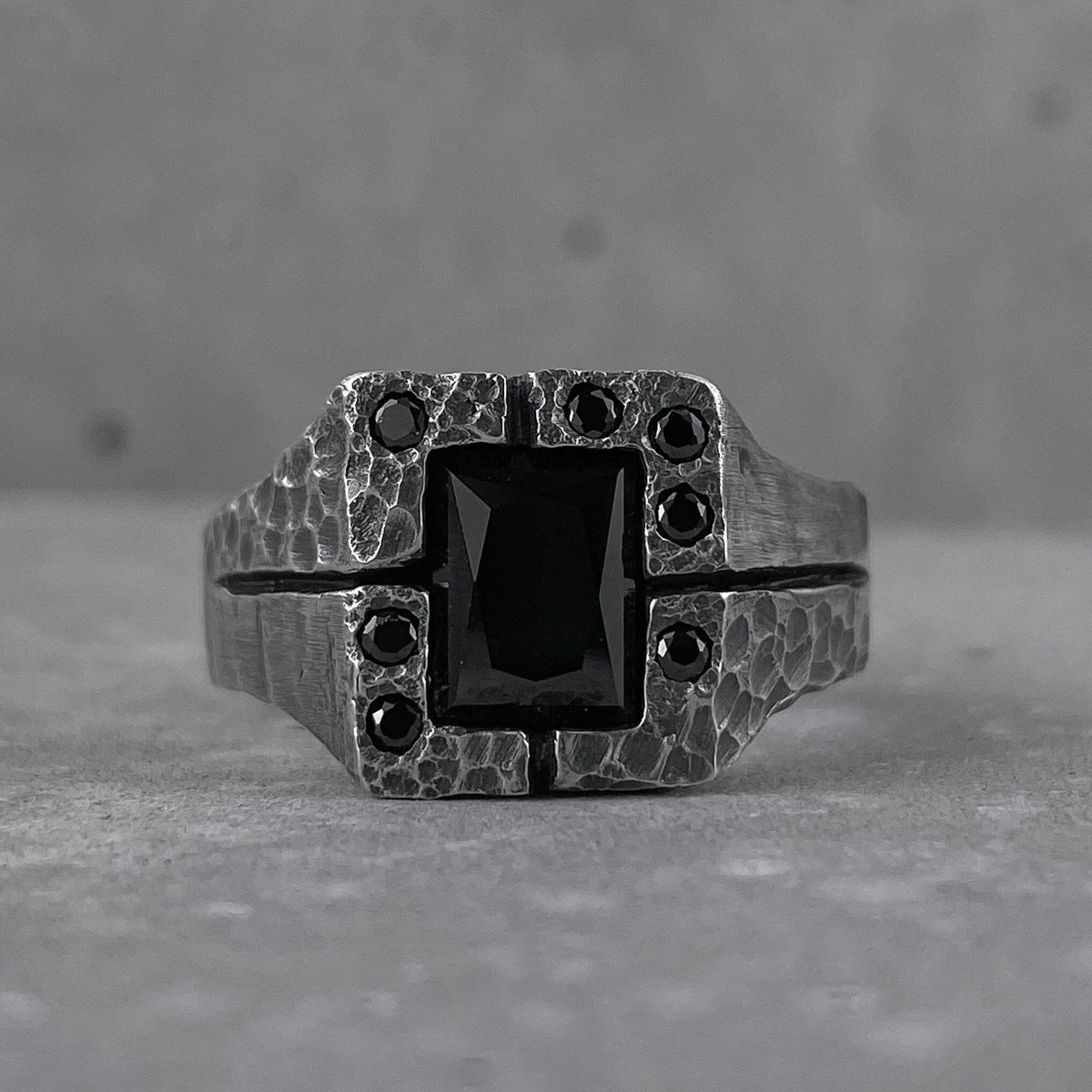 Imperial ring- textured square signet ring with several black stones Black diamonds rings Project50g 