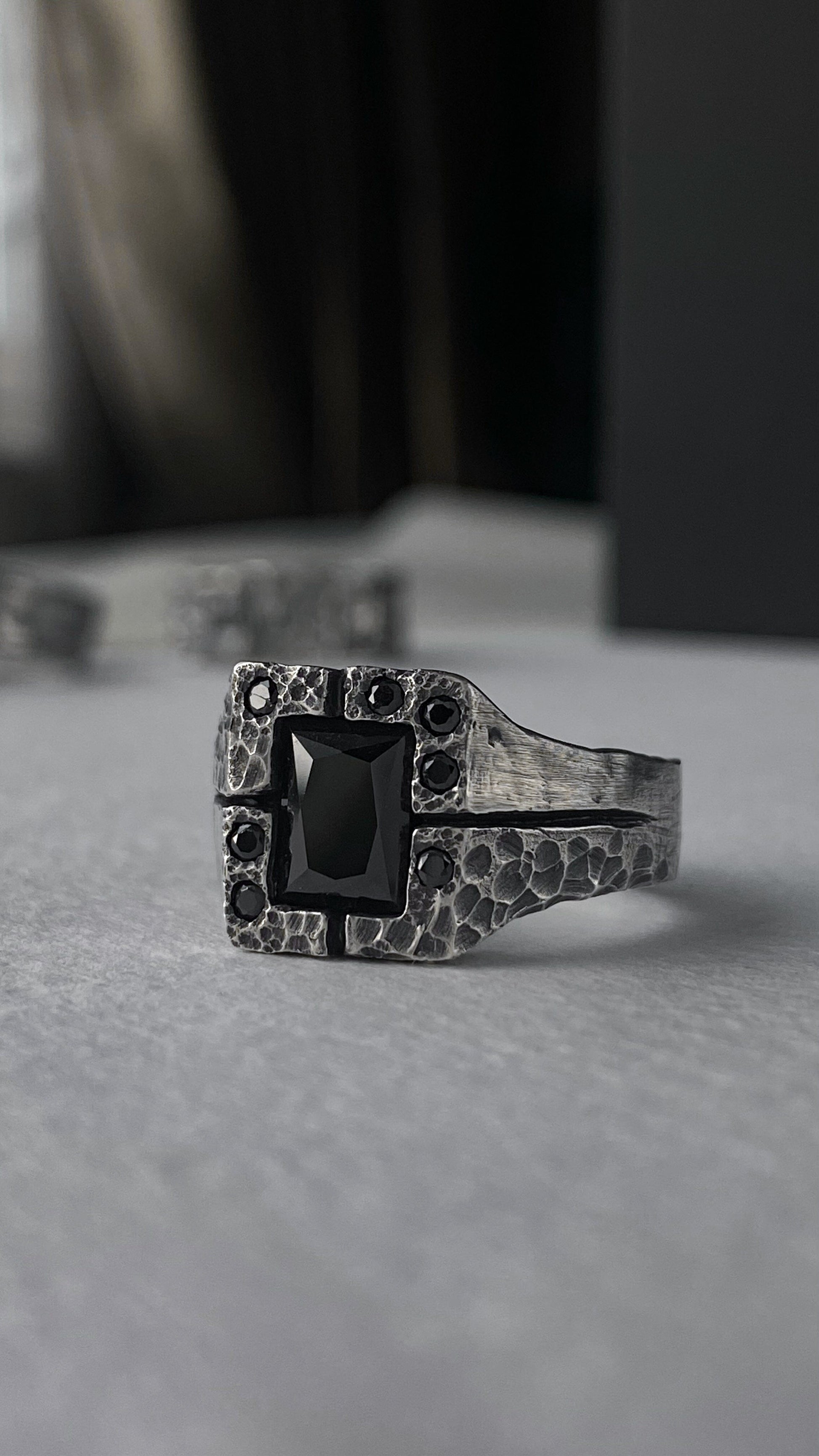 Imperial ring- textured square signet ring with several black stones Black diamonds rings Project50g 