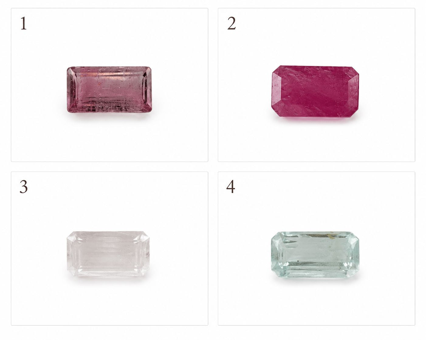 Four rectangular gemstones arranged in a 2x2 grid on a white background, numbered 1 to 4. Stones 1 and 2 are pinkish-red, while stones 3 and 4 are pale clear and light green respectively.