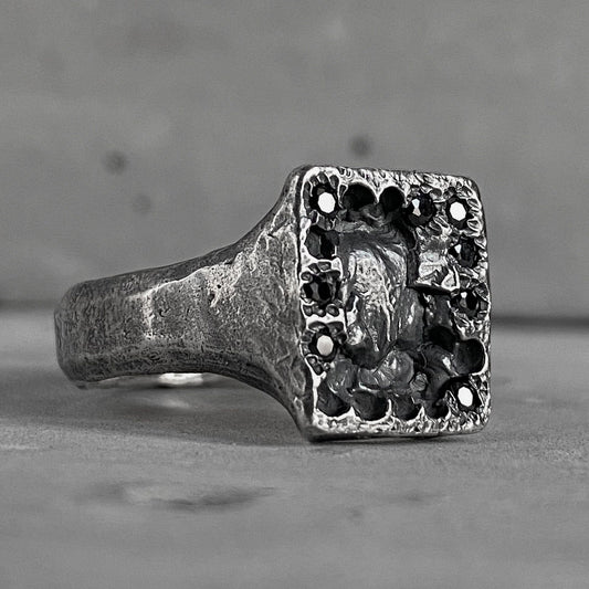 Mari ring- textured square signet ring with crack and eight black diamonds Black diamonds rings Project50g 