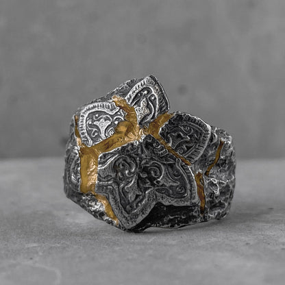 Mosaic ring (Gold plated) -a wide brutal ring with with oriental pattern and 24к gold plated on cracks Unusual rings project50g 
