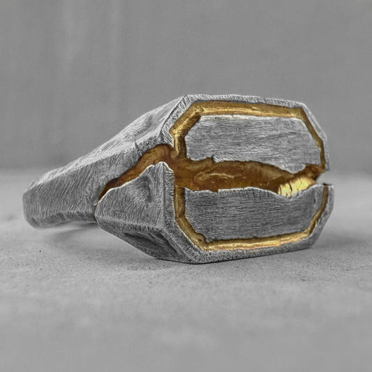 Phantom ring-rectangular sterling silver ring with deep crack, scratch texture and gilded frame Rings with cracks and patterns Project50g 