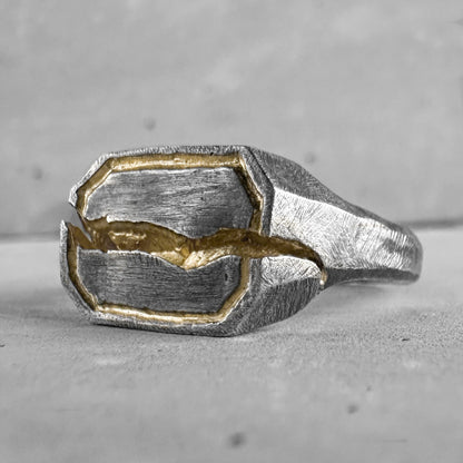 Phantom ring-rectangular sterling silver ring with deep crack, scratch texture and gilded frame Rings with cracks and patterns Project50g 