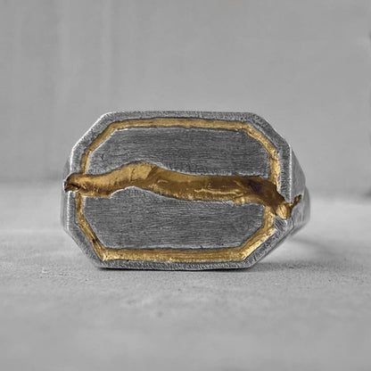 Phantom ring-rectangular sterling silver ring with deep crack, scratch texture and gilded frame Rings with cracks and patterns Project50g 