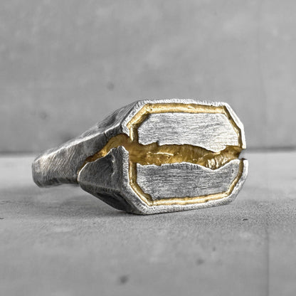 Phantom ring-rectangular sterling silver ring with deep crack, scratch texture and gilded frame Rings with cracks and patterns Project50g 