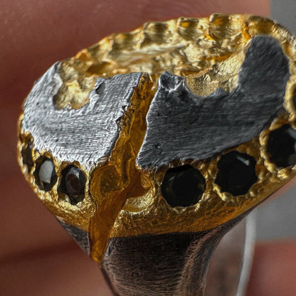 Pompeii ring- dilapidated oval sculpture ring with 9 black diamonds framed in 24k gold Black diamonds rings Project50g 
