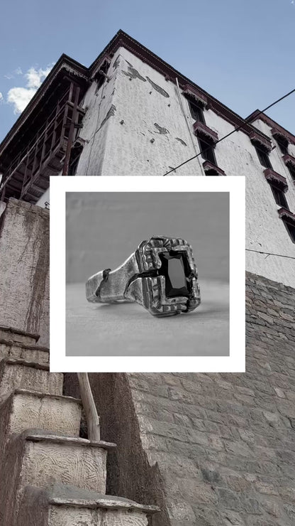 Window of silence ring- textured square signet ring with cracks artisan pattern and big black stone