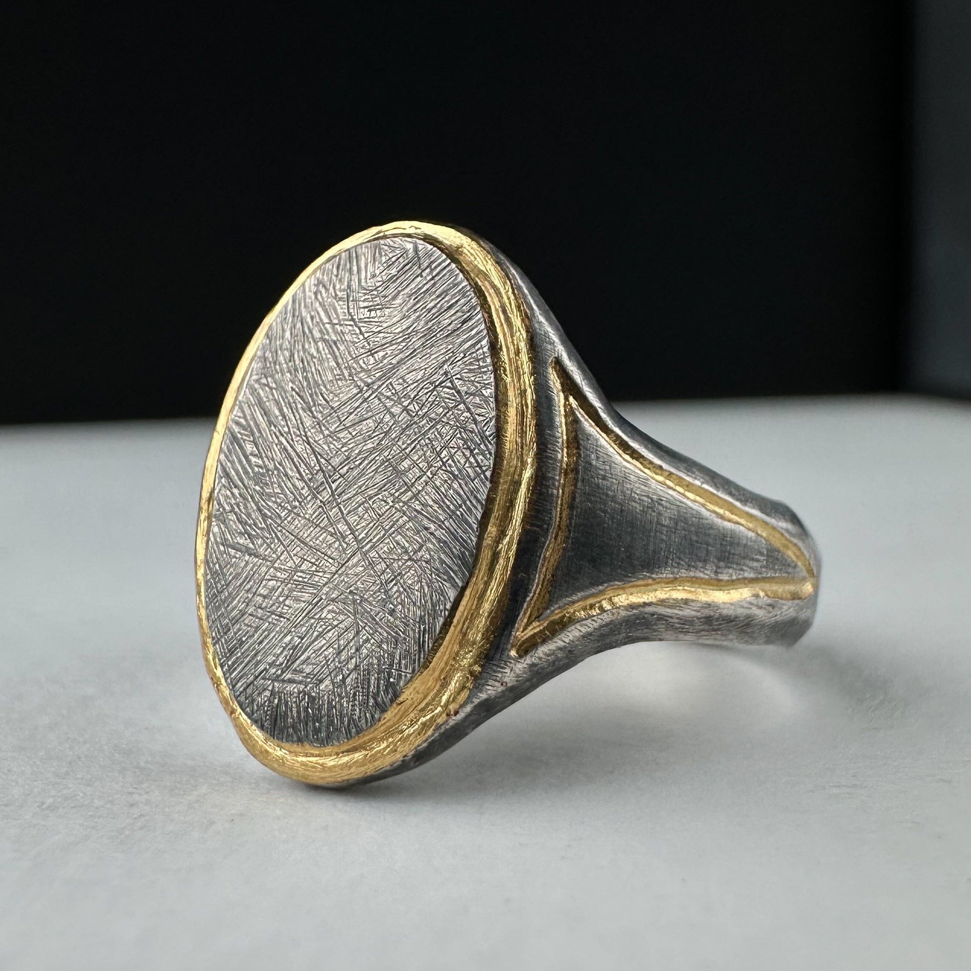 Revival ring- Elegant oval ring with gold plated elements and scratched texture Rings with smooth texture Project50g 