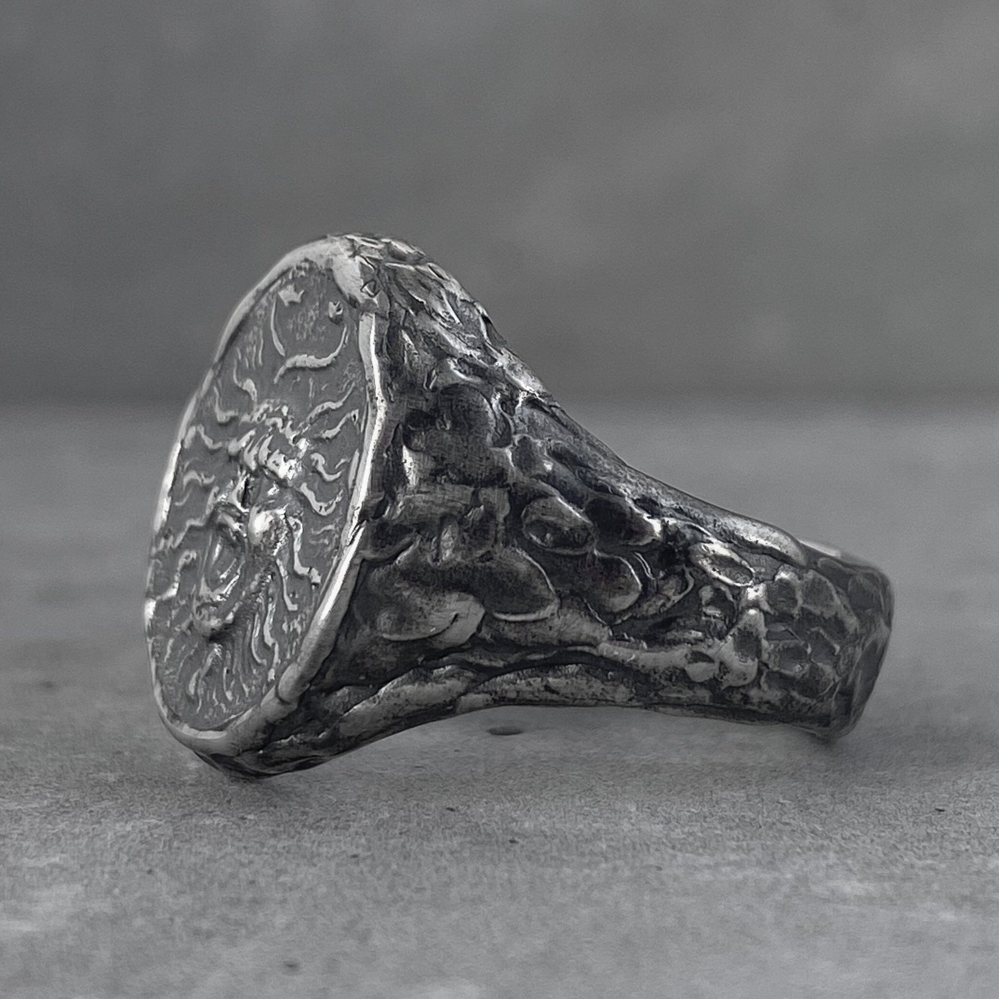 The Medusa ring is an oval signet ring with an unusual fused texture and a portrait of the Gorgon Medusa Unusual rings Project50g 
