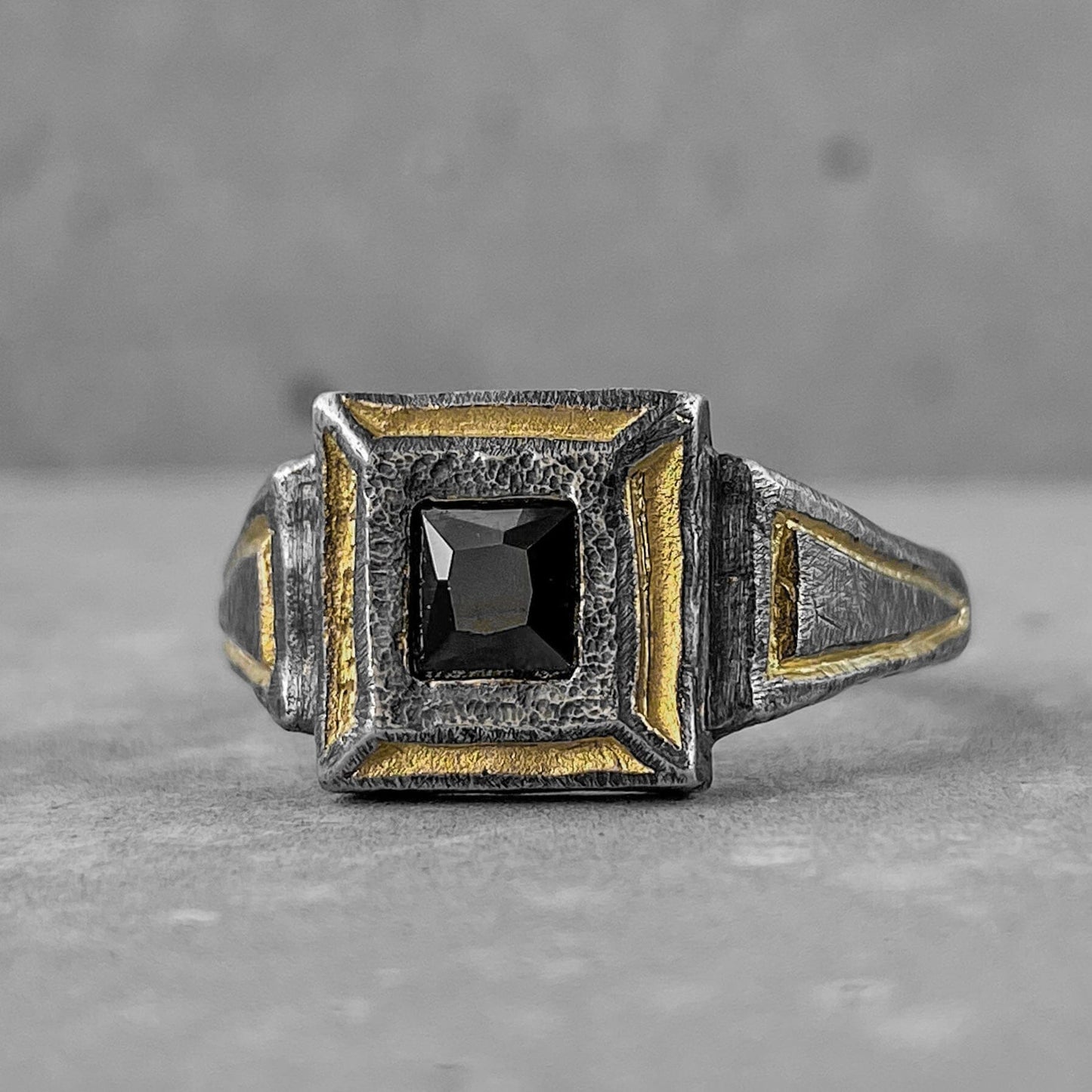 The Renaissance ring- a square signet ring with a large black stone and gold plated elements in the composition. Black diamonds rings Project50g 
