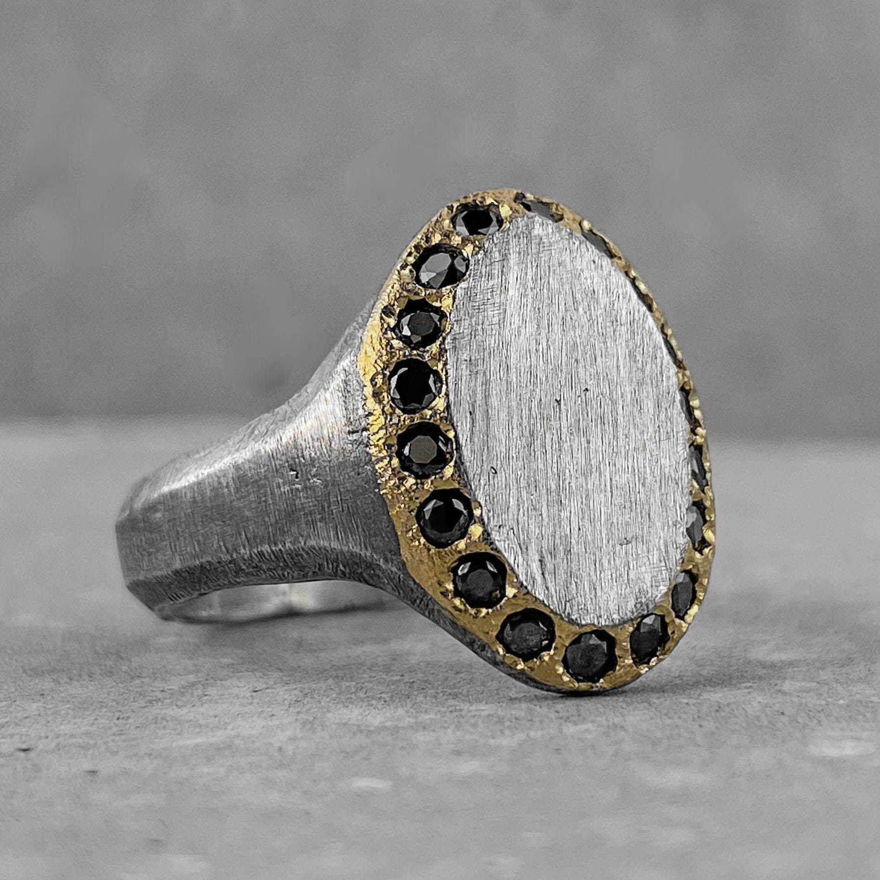 Verona ring- Elegant oval signet ring with 18 black diamonds framed in 24k gold Black diamonds rings Project50g 