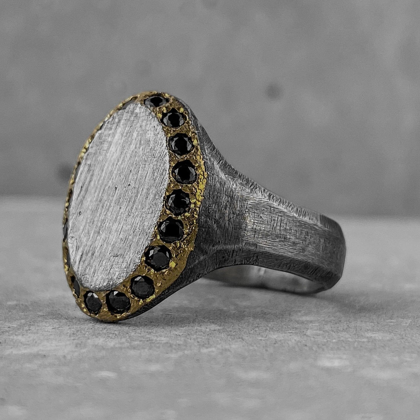 Verona ring- Elegant oval signet ring with 18 black diamonds framed in 24k gold Black diamonds rings Project50g 