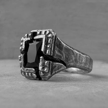 Window of silence ring- textured square signet ring with cracks artisan pattern and big black stone Black diamonds rings Project50g 