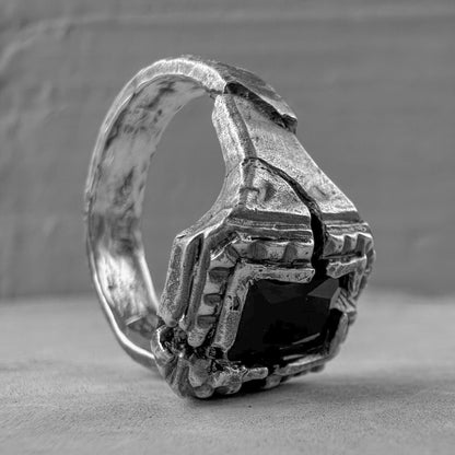 Window of silence ring- textured square signet ring with cracks artisan pattern and big black stone Black diamonds rings Project50g 