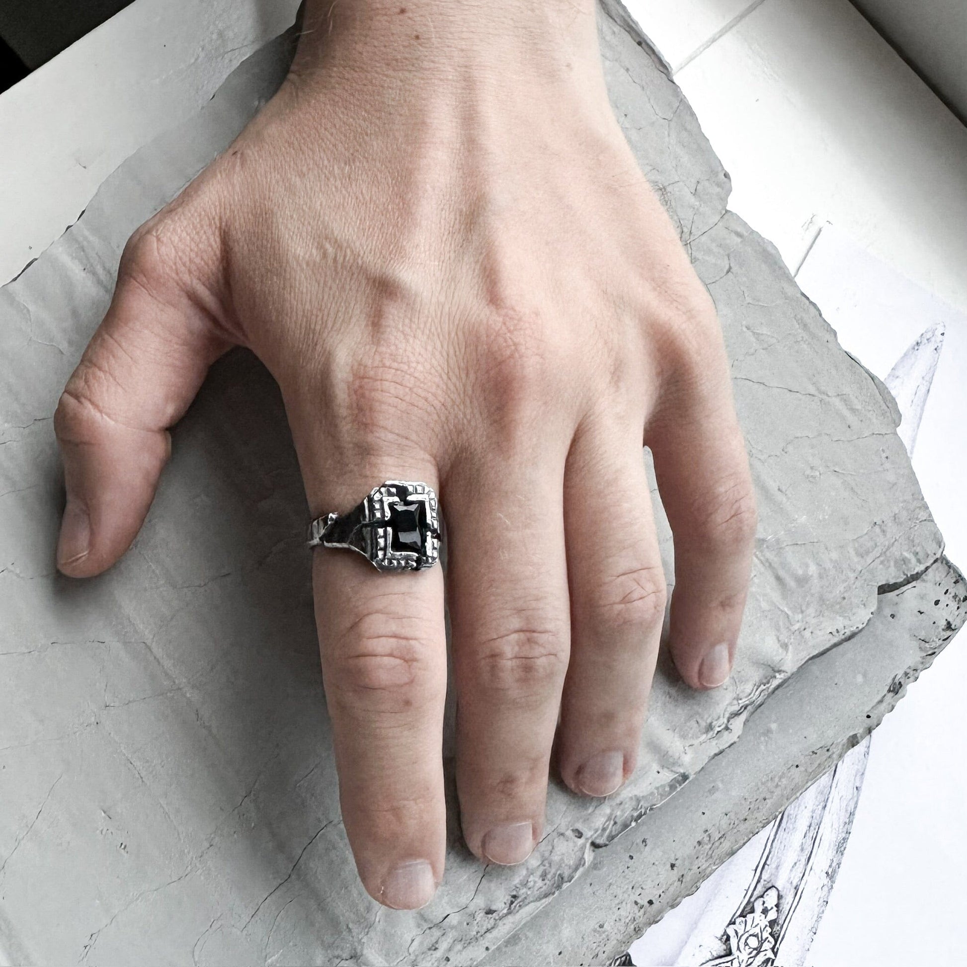 Window of silence ring- textured square signet ring with cracks artisan pattern and big black stone Black diamonds rings Project50g 