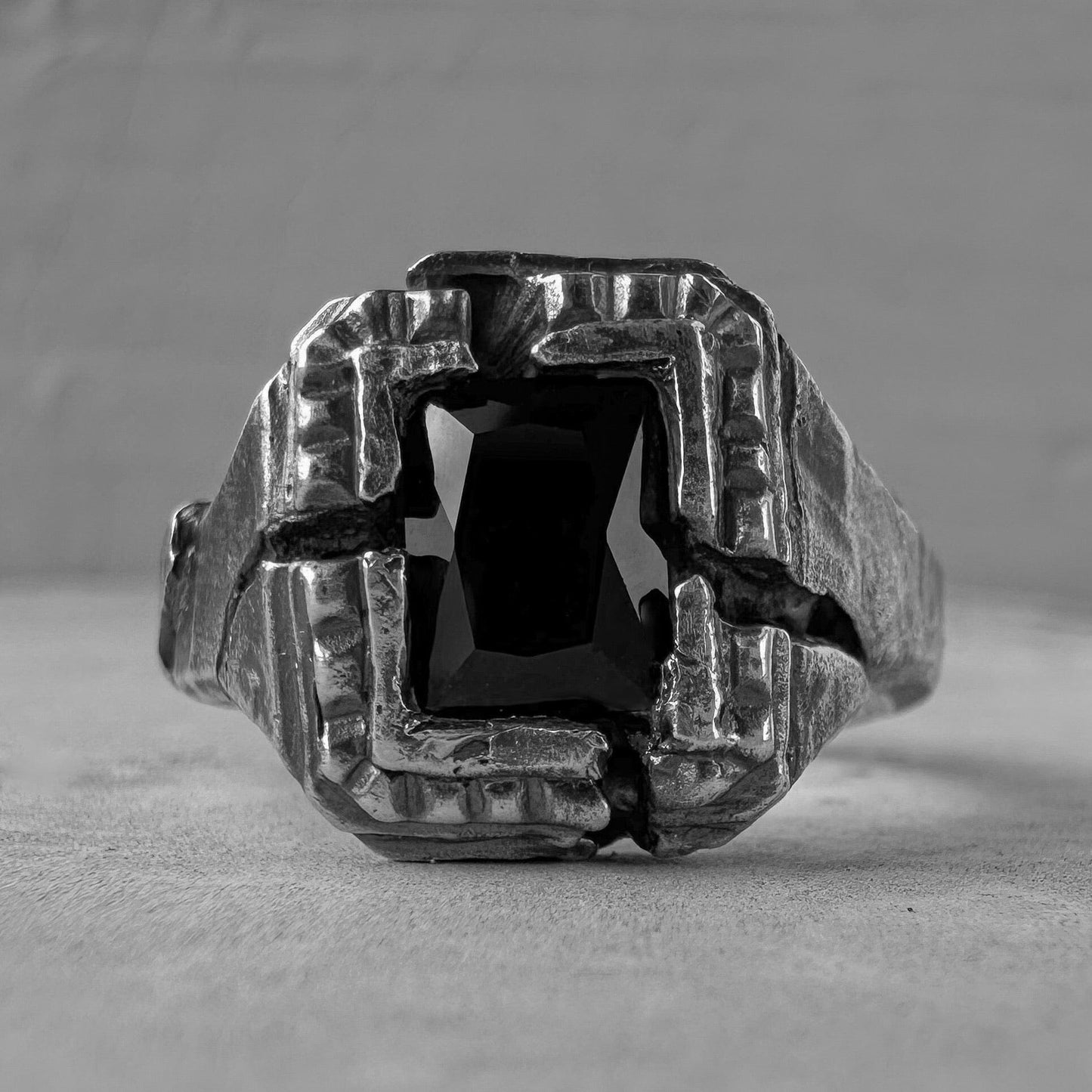 Window of silence ring- textured square signet ring with cracks artisan pattern and big black stone Black diamonds rings Project50g 