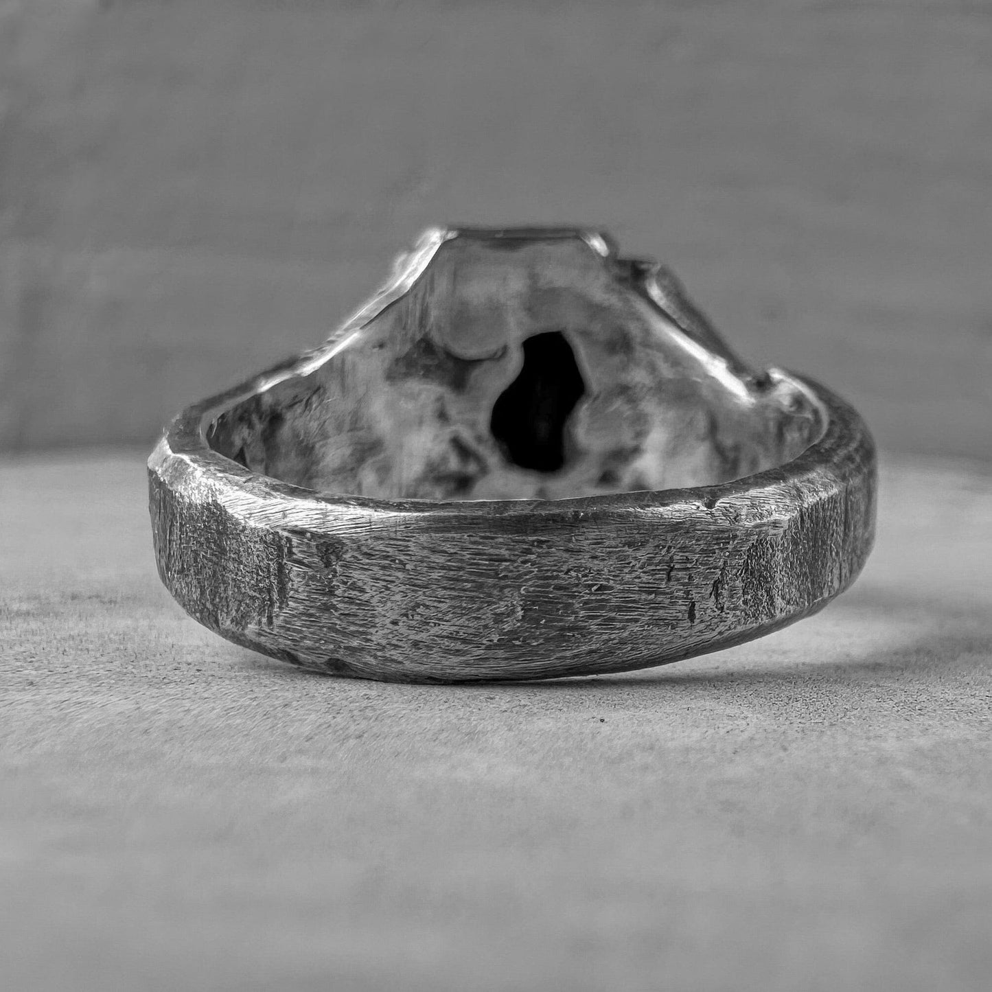 Window of silence ring- textured square signet ring with cracks artisan pattern and big black stone Black diamonds rings Project50g 