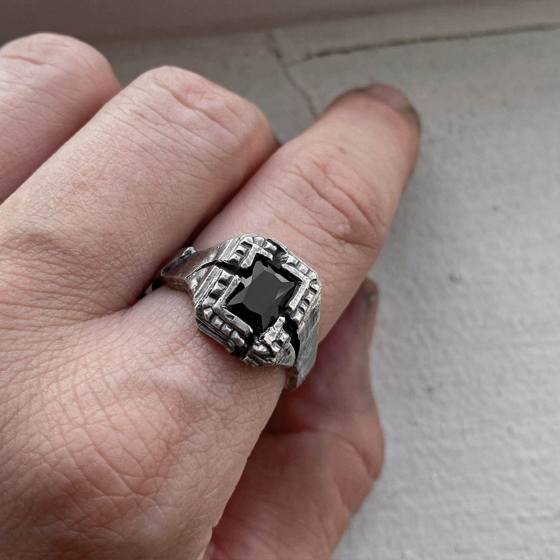 Window of silence ring- textured square signet ring with cracks artisan pattern and big black stone Black diamonds rings Project50g 