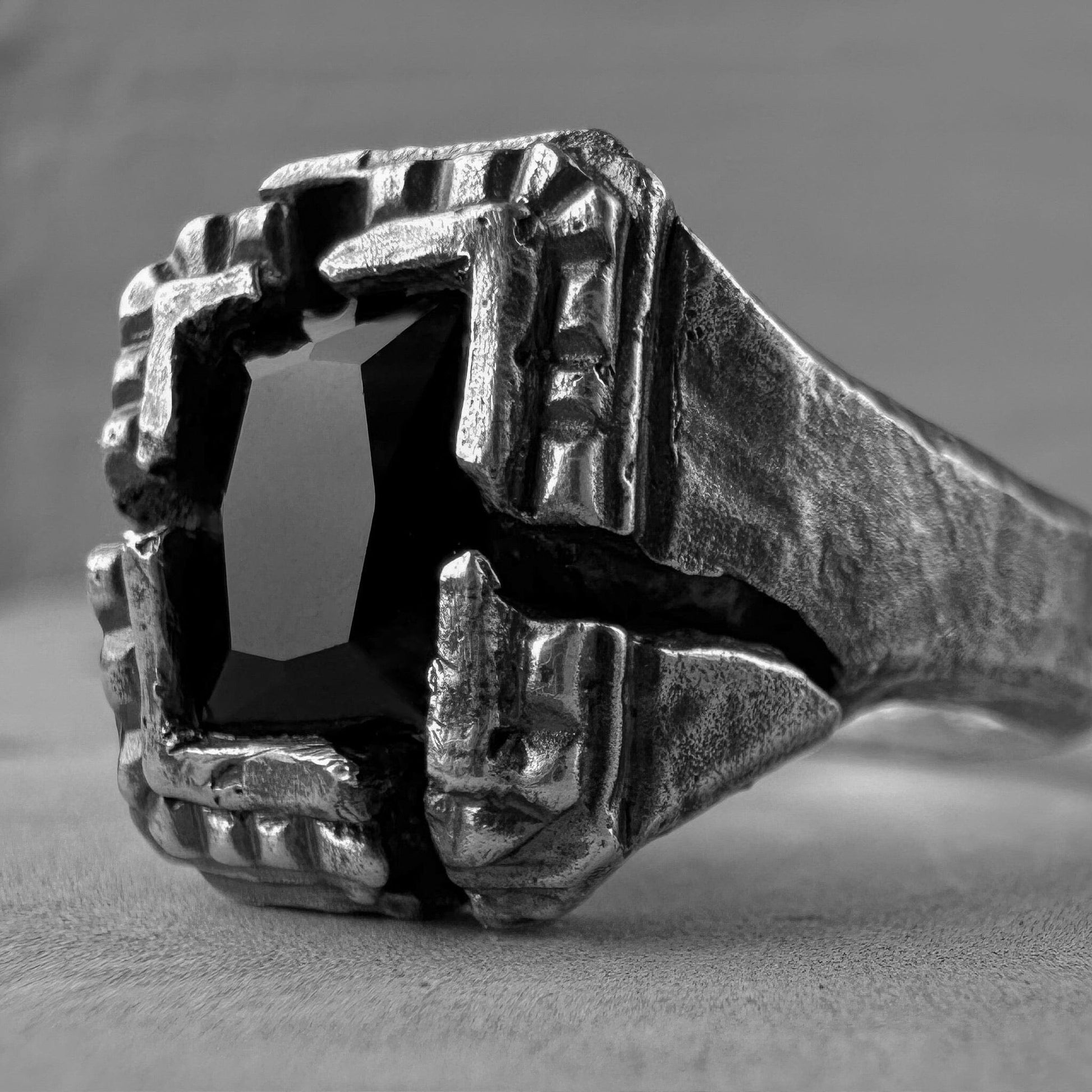 Window of silence ring- textured square signet ring with cracks artisan pattern and big black stone Black diamonds rings Project50g 