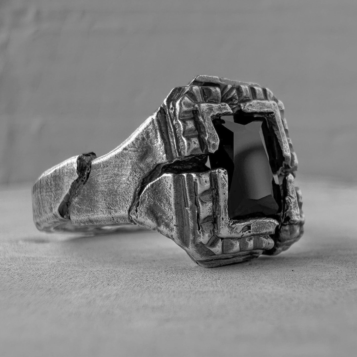 Window of silence ring- textured square signet ring with cracks artisan pattern and big black stone Black diamonds rings Project50g 