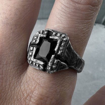 Window of silence ring- textured square signet ring with cracks artisan pattern and big black stone Black diamonds rings Project50g 