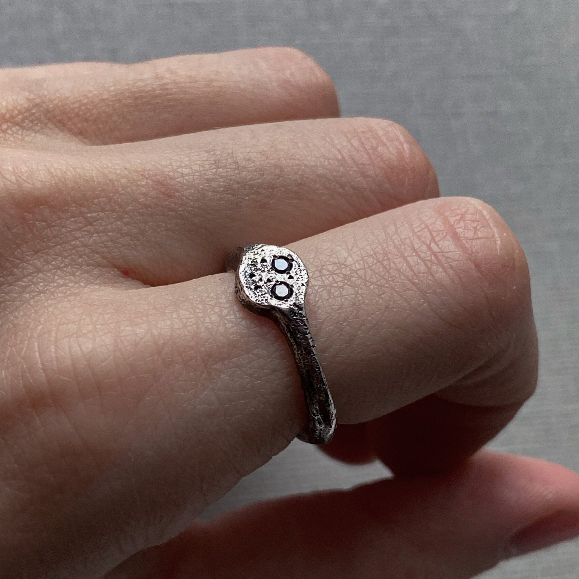 Black moon ring - textured silver ring with two black diamonds Black diamonds rings Project50g 
