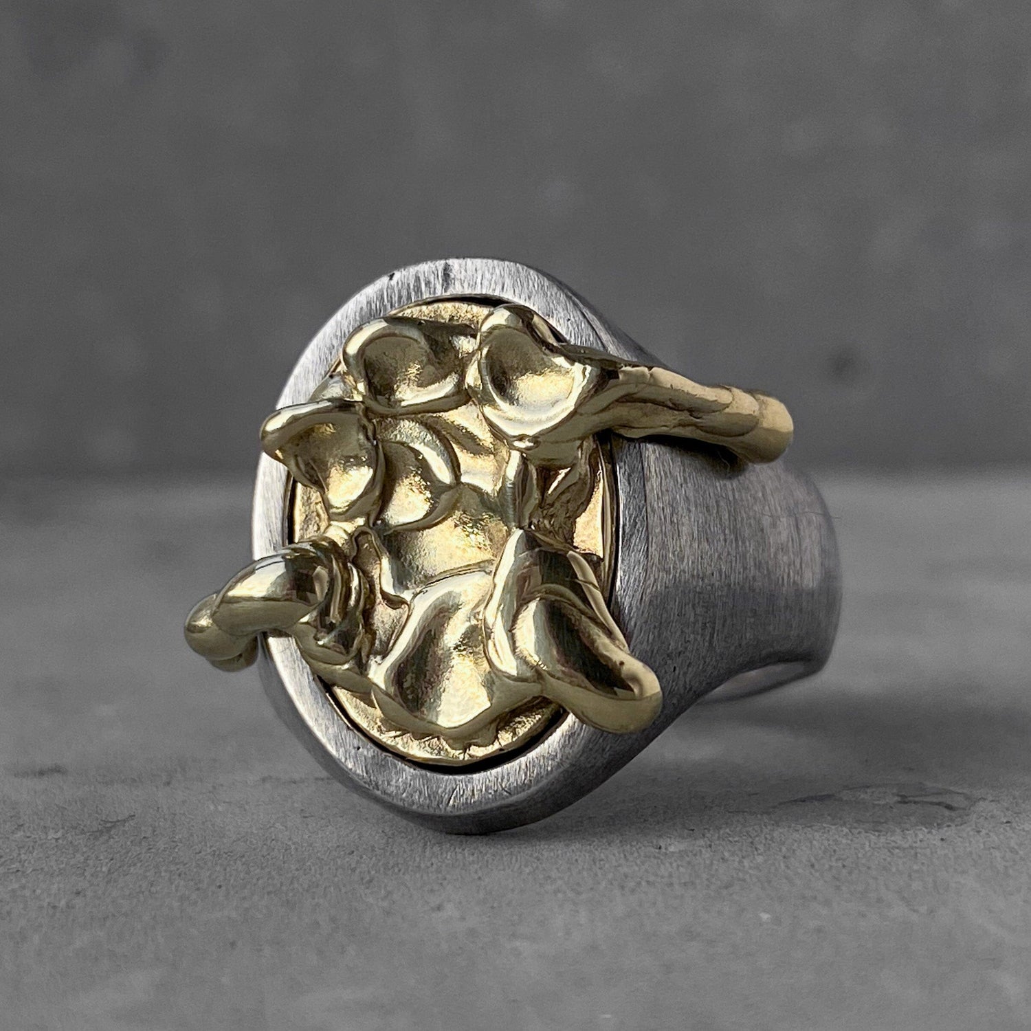 Lava ring-Oval Signet Ring with Matte Texture and Molten Metal Top (Brass/Gold) Unusual rings Project50g 