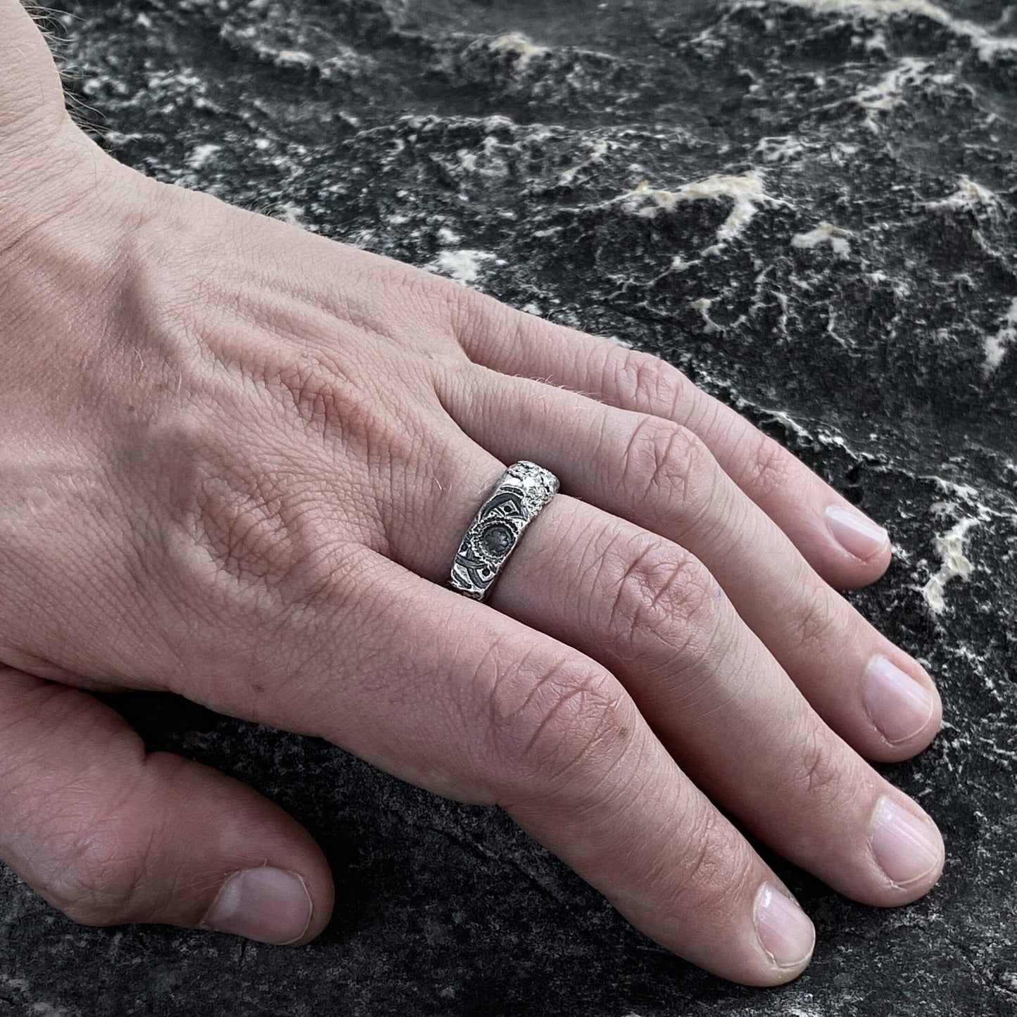 MANDALA Ring-molten silver ring with a rich structure, cool engagement ring,Space ring Galaxy ring Gift for men texture nature,textured band Rings with patterns Project50g 