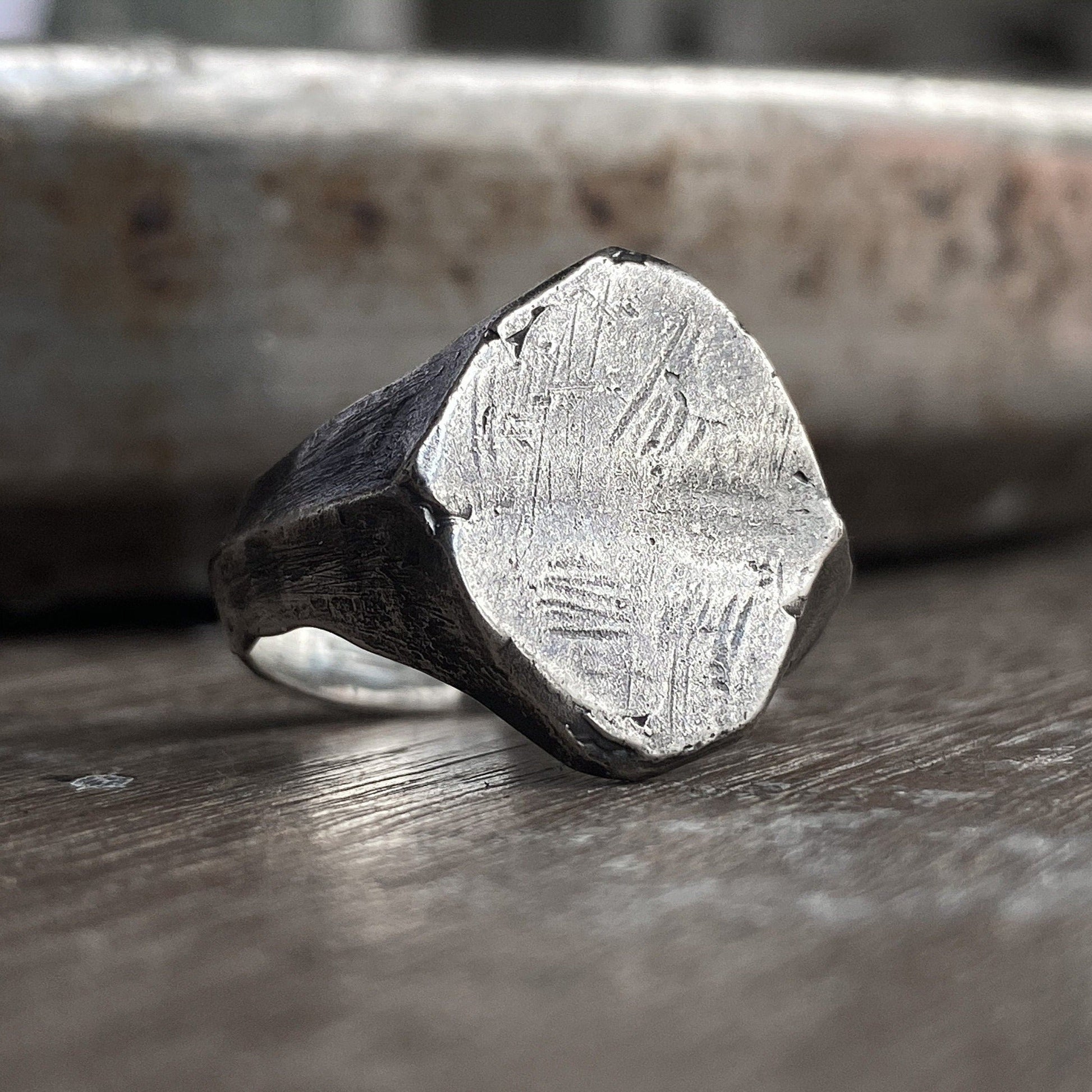 Millennium ring- asymmetrical signet ring with soft scratched silver texture Signet rings Project50g 
