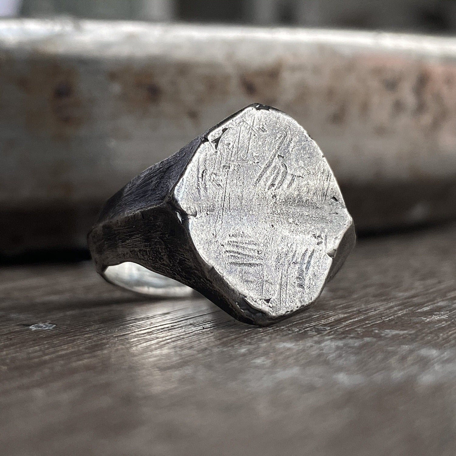 Millennium ring- asymmetrical signet ring with soft scratched silver texture Signet rings Project50g 