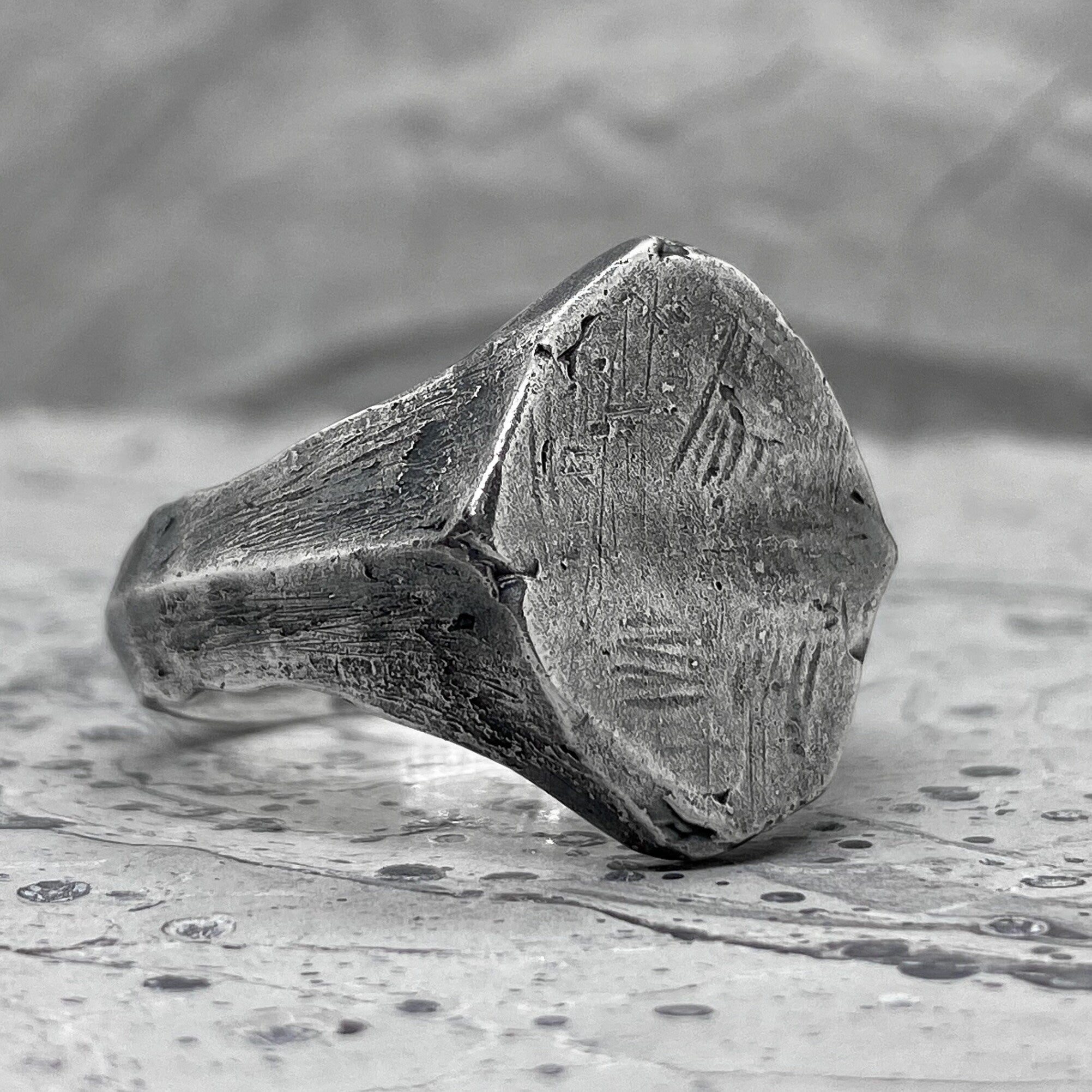 Millennium ring- asymmetrical signet ring with soft scratched silver texture