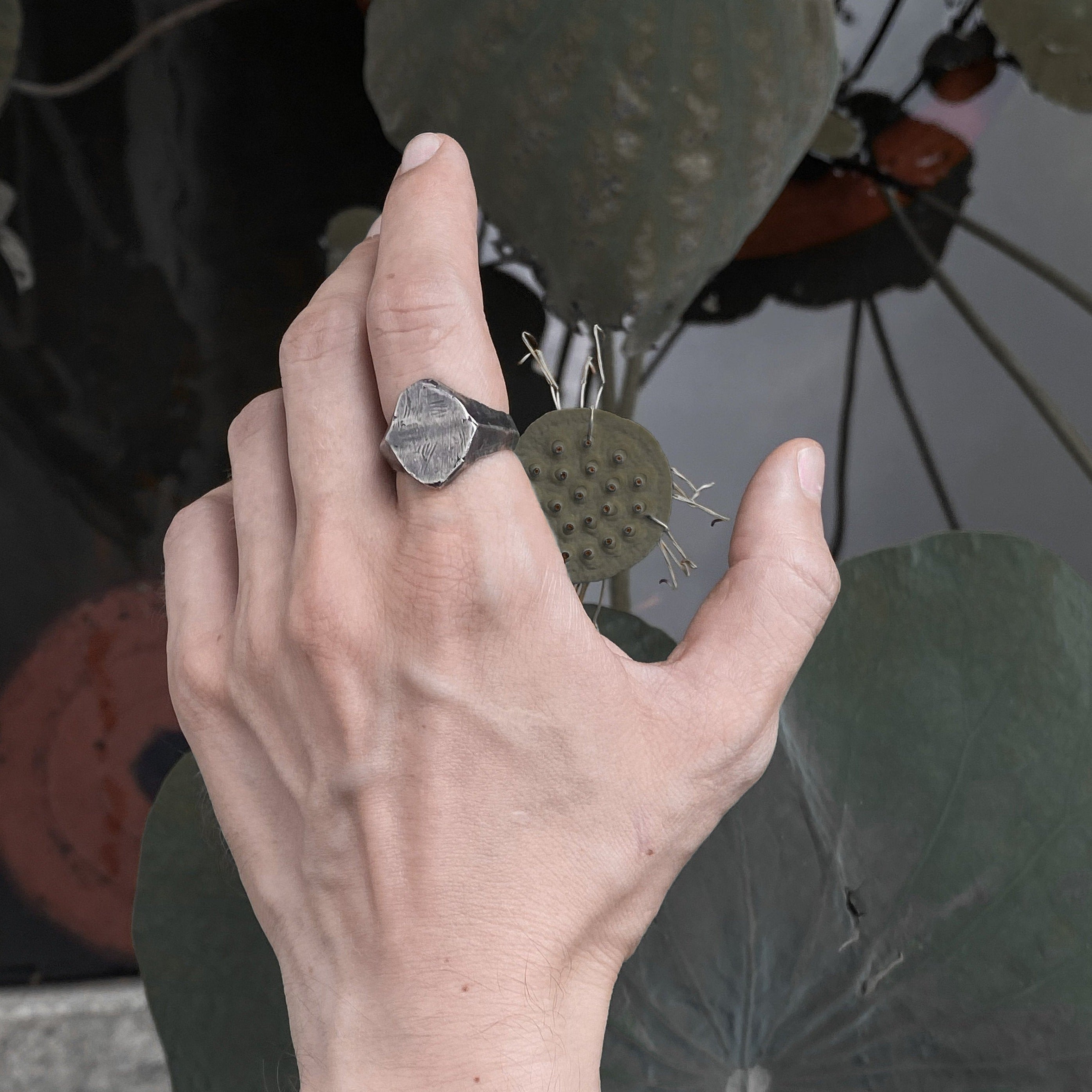 Millennium ring- asymmetrical signet ring with soft scratched silver texture